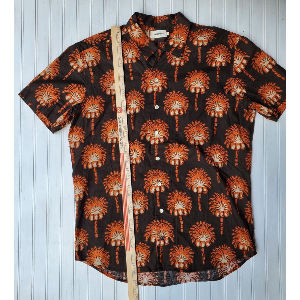 Taylor Stitch Mens 42 Brown Orange Palm Tree Print Cotton Linen Button Down - Picture 3 of 6